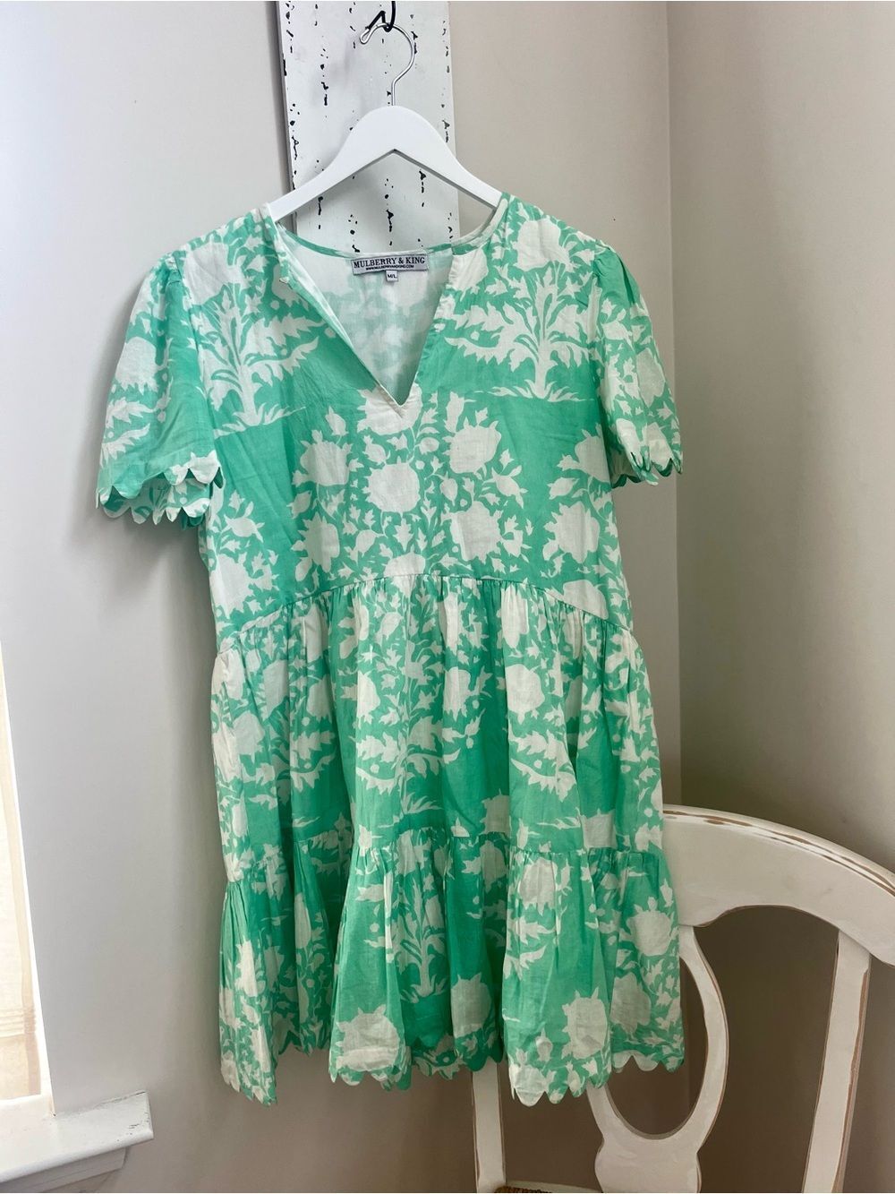 Light green and White Floral Tiered Dress; size M/L